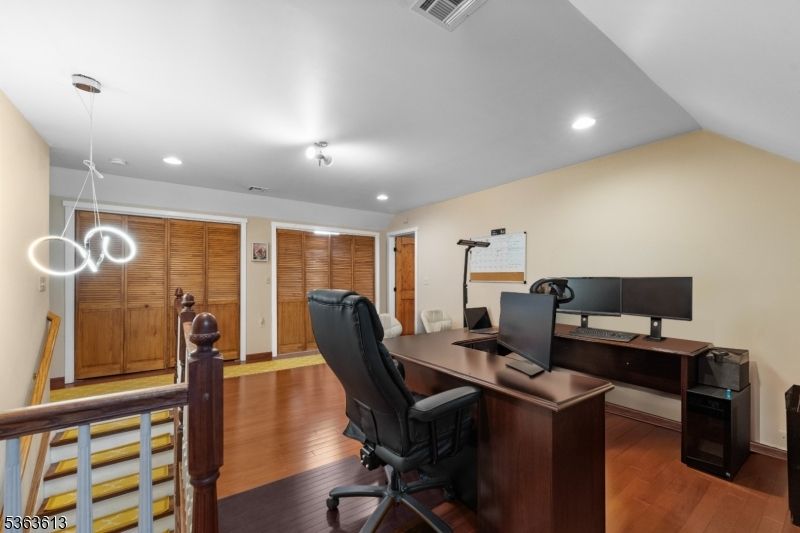 Home Office, Interior, Pendant Lights, Recessed Lighting, Wood Texture Flooring, Wooden Walls