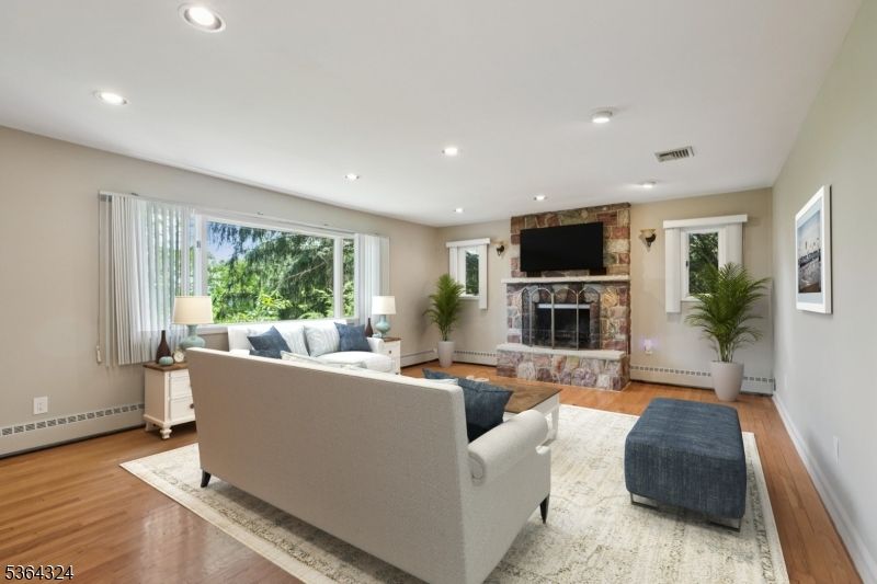 Fireplace, Interior, Living room, Recessed Lighting, Wood Texture Flooring