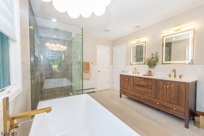 Bathroom, Dual Sink Vanities, Glass Shower, Interior, Recessed Lighting, Wood Texture Flooring