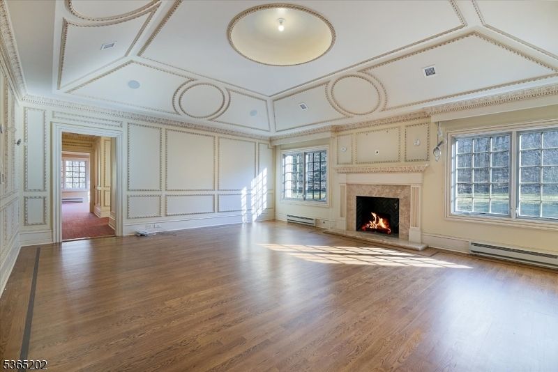 Empty room, Fireplace, Interior, Recessed Lighting, Wood Texture Flooring