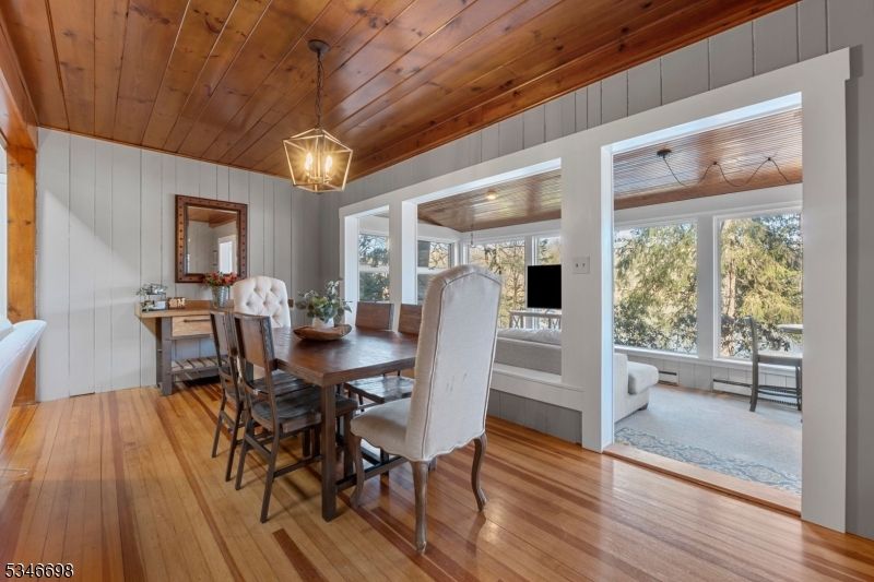 Dining room, Interior, Pendant Lights, Wooden Ceilings, Wood Texture Flooring
