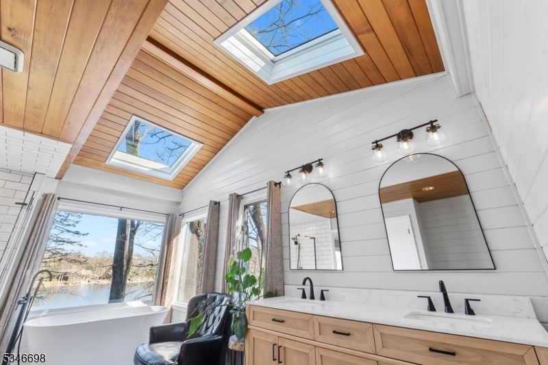 Bathroom, Dual Sink Vanities, Glass Ceilings, Interior, Wooden Ceilings