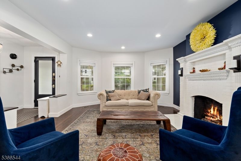 Fireplace, Interior, Living room, Recessed Lighting, Wood Texture Flooring