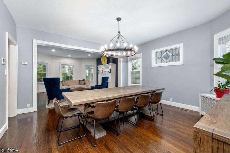 Chandelier, Dining room, Interior, Pendant Lights, Recessed Lighting, Wood Texture Flooring