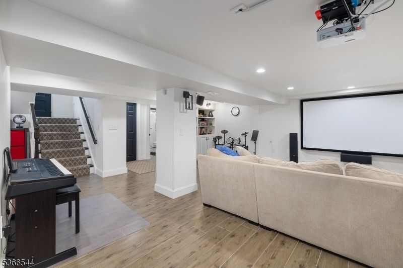 Interior, Projection Screen, Recessed Lighting, Wood Texture Flooring