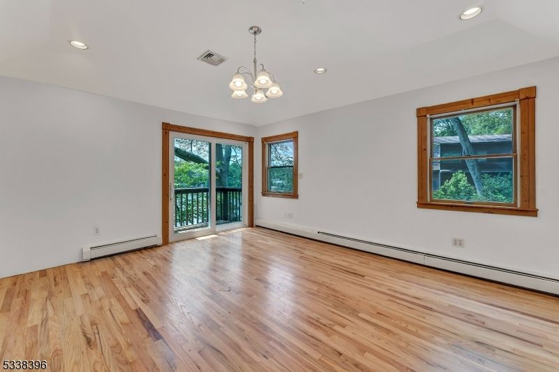 Chandelier, Empty room, Interior, Recessed Lighting, Wood Texture Flooring