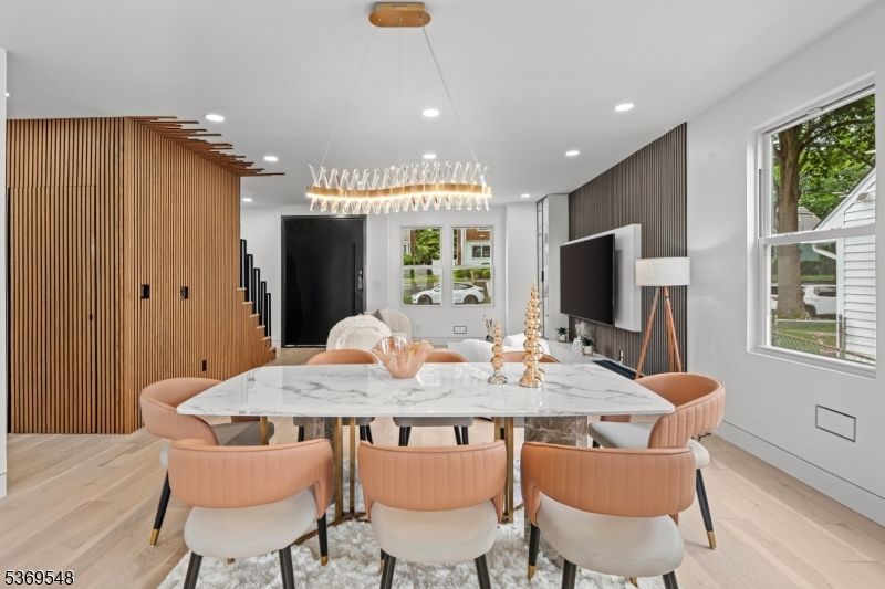 Dining room, Interior, Pendant Lights, Recessed Lighting, Wood Texture Flooring
