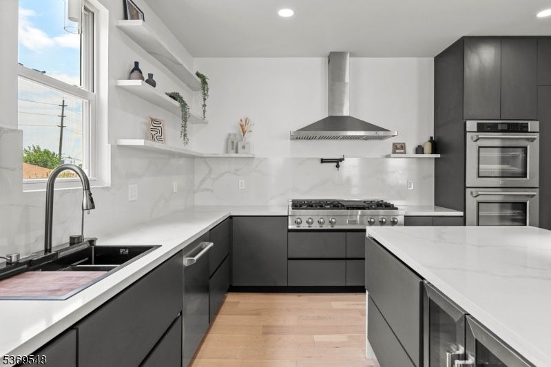 Interior, Kitchen, Recessed Lighting, Stainless Steel Appliances, Wood Texture Flooring