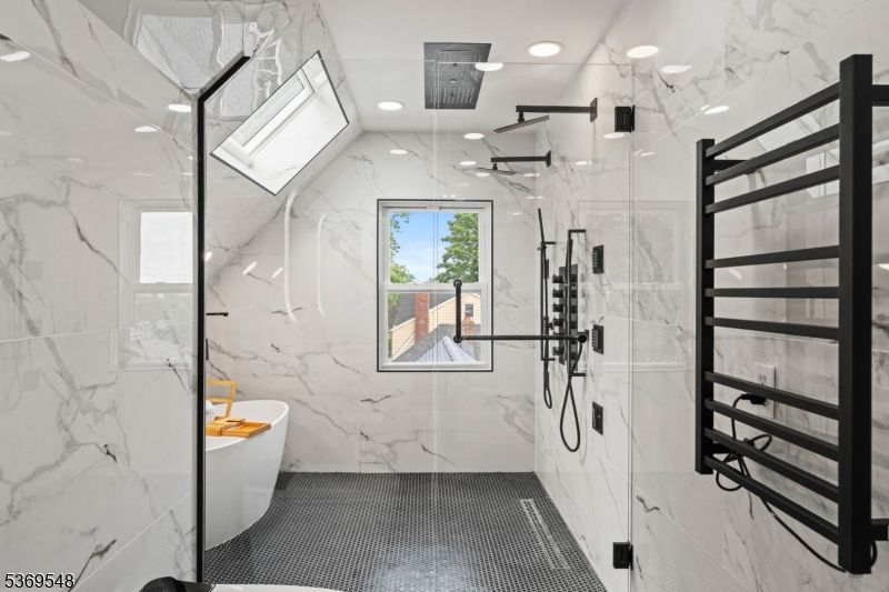 Bathroom, Glass Shower, Interior, Marble Walls, Recessed Lighting