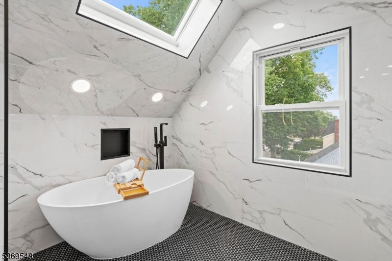 Bathroom, Free Standing Baths, Interior, Marble Walls, Recessed Lighting