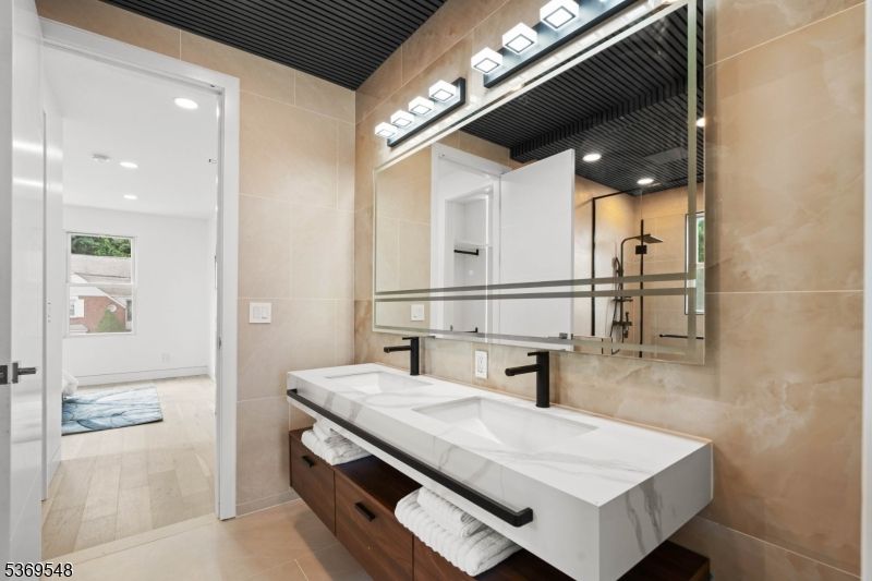 Bathroom, Dual Sink Vanities, Interior, Recessed Lighting, Wood Texture Flooring
