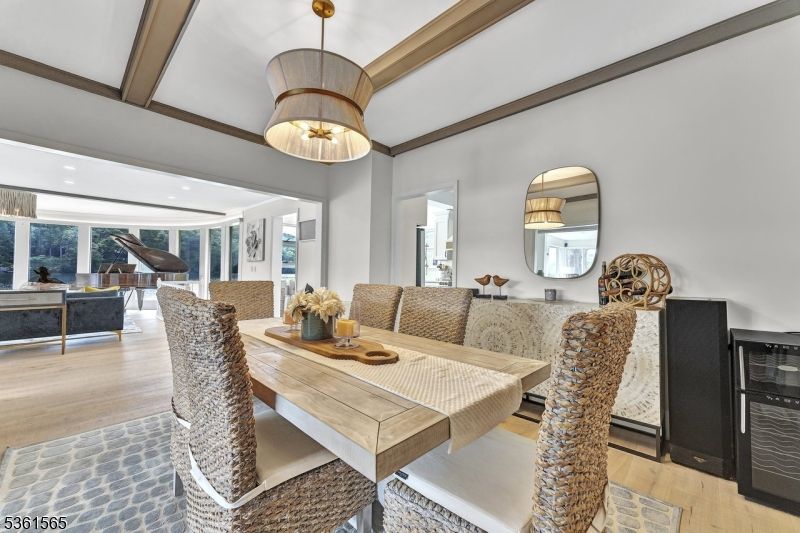 Dining room, Interior, Pendant Lights, Piano, Wood Texture Flooring