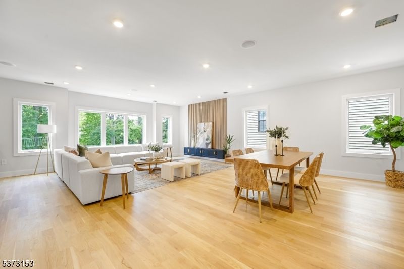 Dining room, Interior, Living room, Recessed Lighting, Wood Texture Flooring