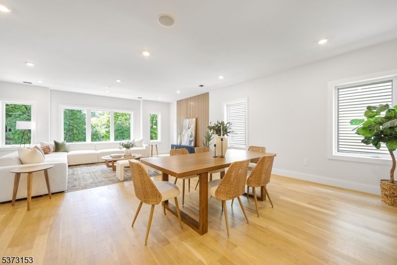 Dining room, Interior, Living room, Recessed Lighting, Wood Texture Flooring