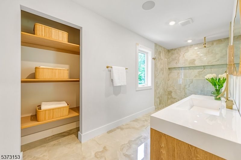 Bathroom, Glass Shower, Interior, Marble Walls, Recessed Lighting