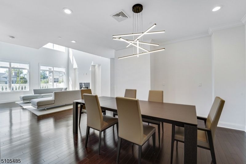 Dining room, Interior, Living room, Pendant Lights, Recessed Lighting, Wood Texture Flooring