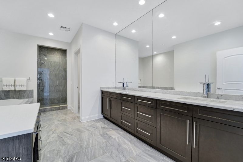 Bathroom, Dual Sink Vanities, Glass Shower, Interior, Marble, Recessed Lighting