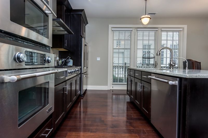 Interior, Kitchen, Pendant Lights, Stainless Steel Appliances, Wood Texture Flooring