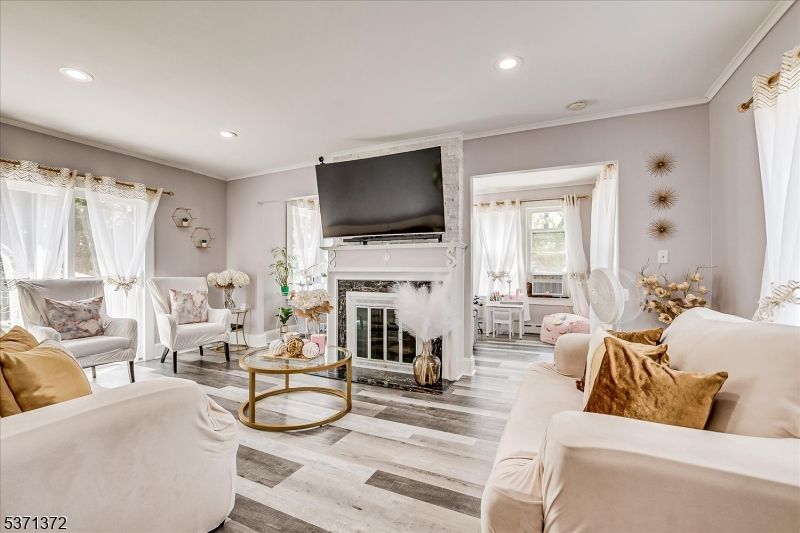 Fireplace, Interior, Living room, Recessed Lighting, Wood Texture Flooring