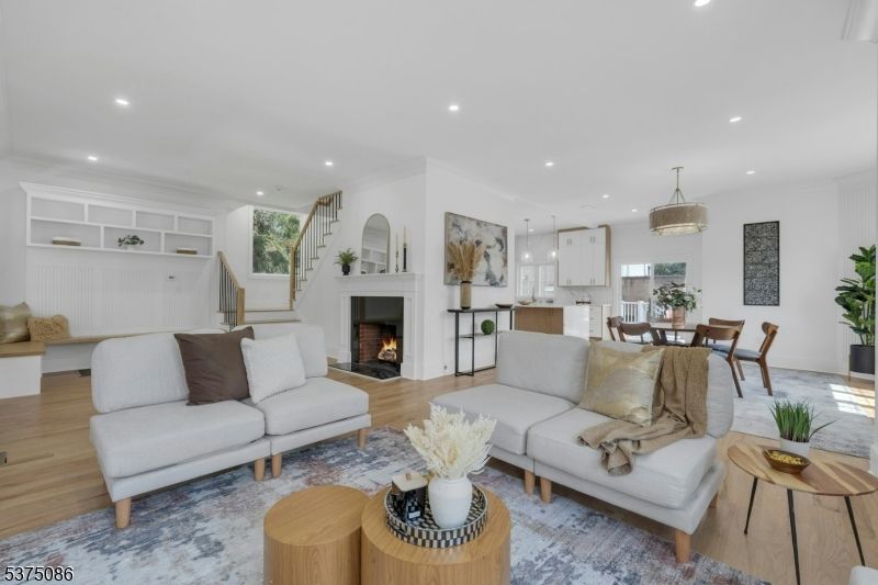 Dining room, Fireplace, Interior, Kitchen, Living room, Pendant Lights, Recessed Lighting, Wood Texture Flooring