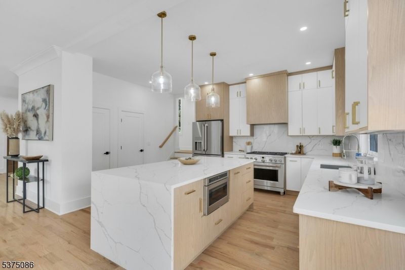 Interior, Kitchen, Pendant Lights, Recessed Lighting, Stainless Steel Appliances, Wood Texture Flooring