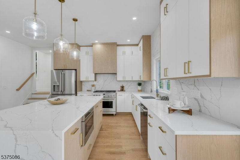 Interior, Kitchen, Pendant Lights, Recessed Lighting, Stainless Steel Appliances, Wood Texture Flooring