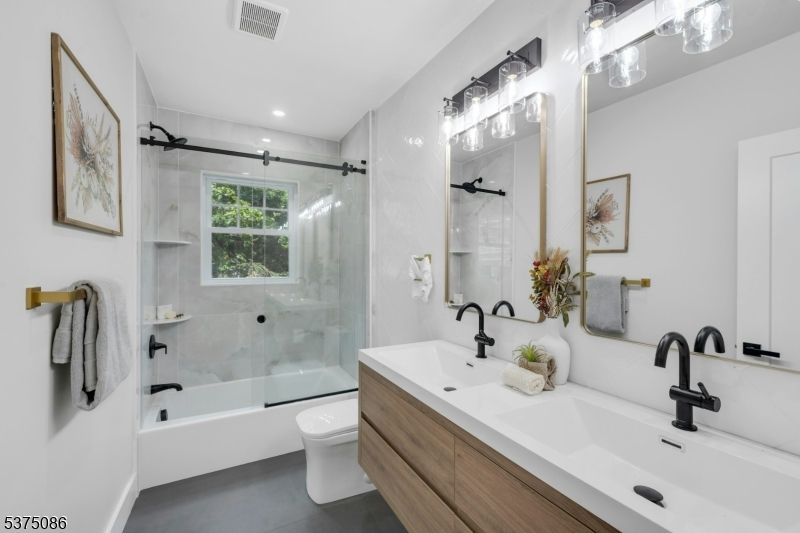 Bathroom, Dual Sink Vanities, Glass Shower, Interior, Recessed Lighting