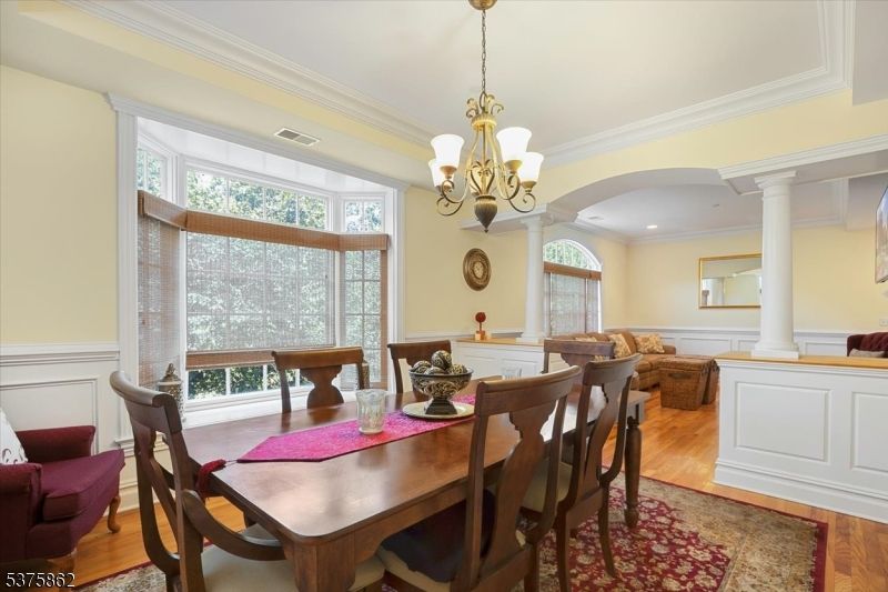 Chandelier, Dining room, Interior, Recessed Lighting, Wood Texture Flooring