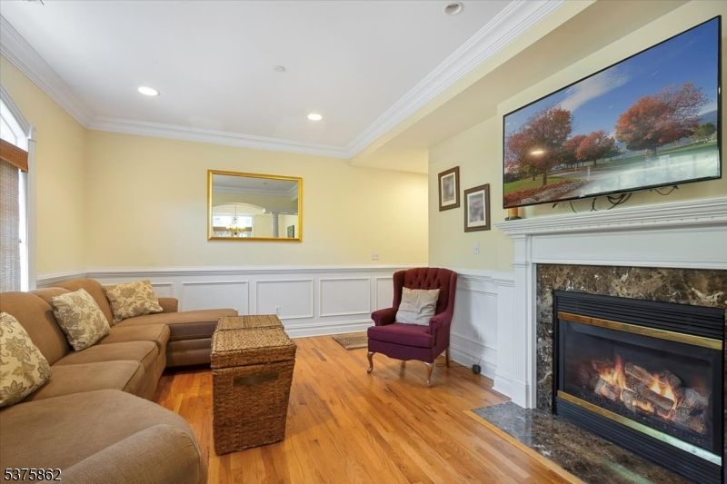 Fireplace, Interior, Living room, Recessed Lighting, Wood Texture Flooring