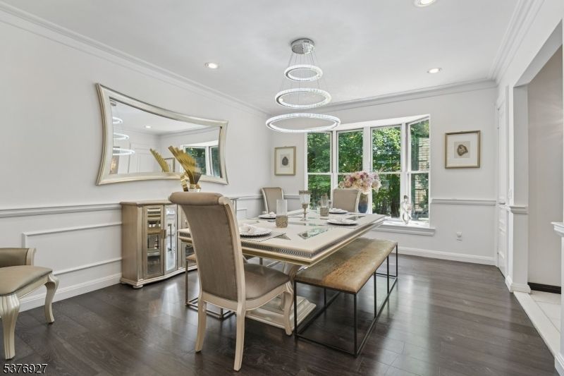Dining room, Interior, Pendant Lights, Recessed Lighting, Wood Texture Flooring