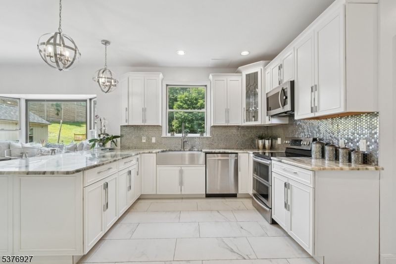Interior, Kitchen, Marble, Pendant Lights, Recessed Lighting, Stainless Steel Appliances
