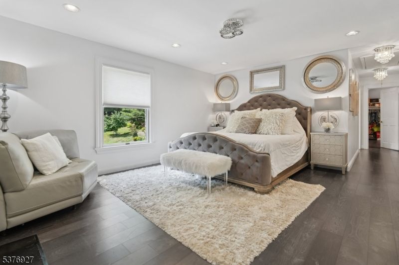 Bedroom, Chandelier, Interior, Recessed Lighting, Wood Texture Flooring