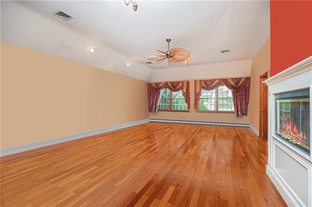 Empty room, Fireplace, Interior, Recessed Lighting, Wood Texture Flooring