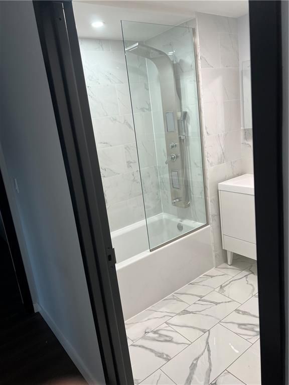 Bathroom, Glass Shower, Interior, Marble, Marble Walls, Recessed Lighting