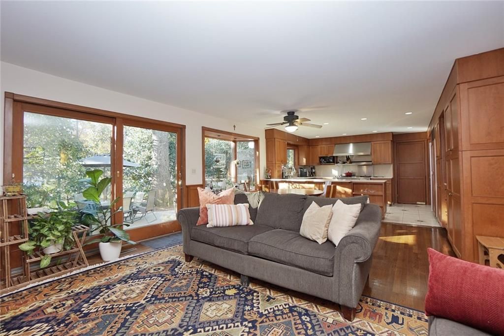 Interior, Kitchen, Living room, Recessed Lighting, Stainless Steel Appliances, Wood Texture Flooring