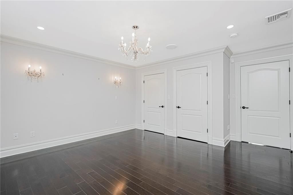 Chandelier, Empty room, Interior, Recessed Lighting, Wood Texture Flooring