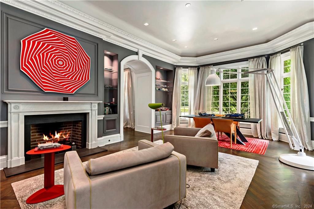 Dining room, Fireplace, Interior, Living room, Recessed Lighting, Wood Texture Flooring