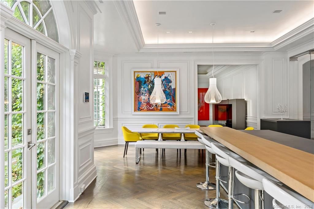 Dining room, Interior, Pendant Lights, Recessed Lighting, Wood Texture Flooring