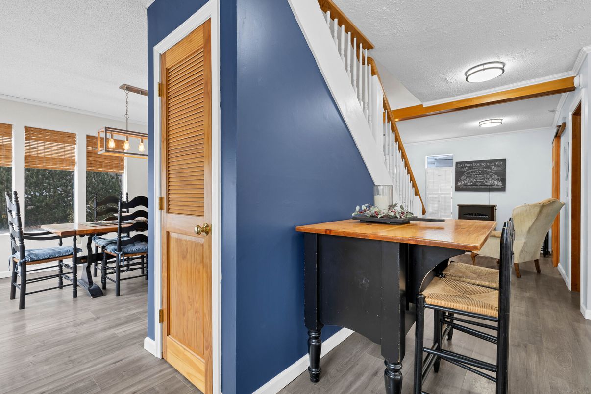 Dining room, Interior, Pendant Lights, Wood Texture Flooring