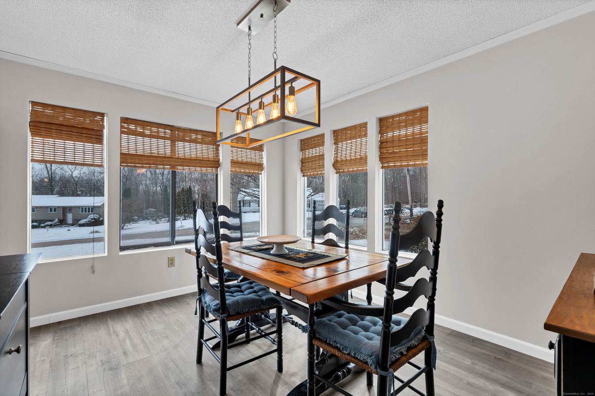 Dining room, Interior, Pendant Lights, Wood Texture Flooring