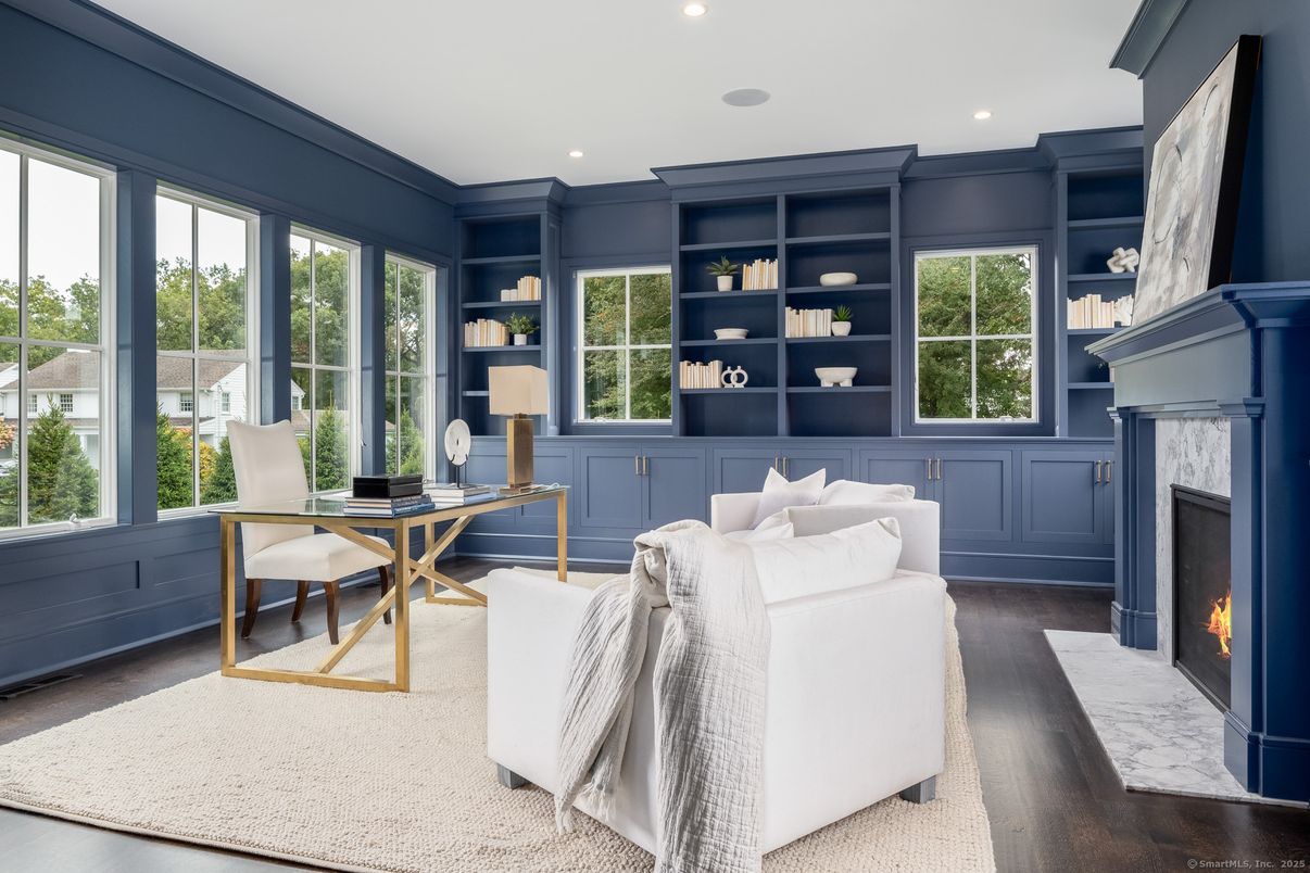 Fireplace, Home Office, Interior, Recessed Lighting, Wood Texture Flooring