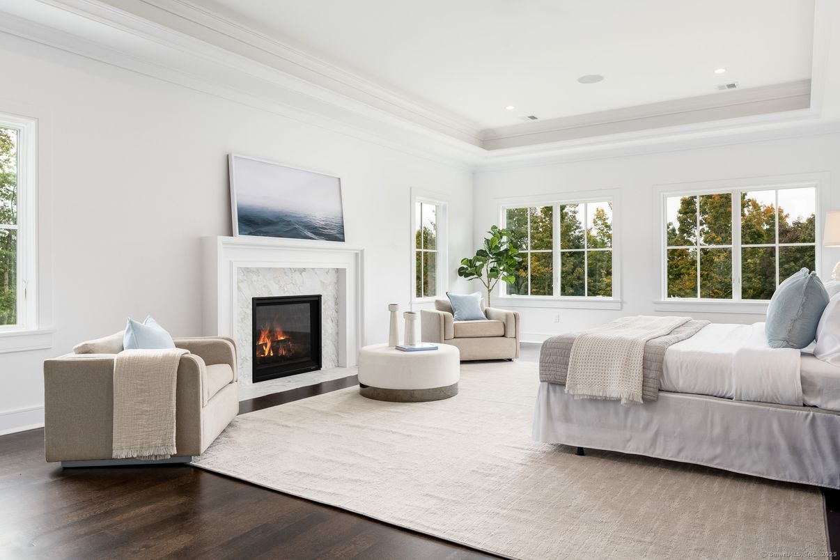 Bedroom, Fireplace, Interior, Living room, Recessed Lighting, Wood Texture Flooring