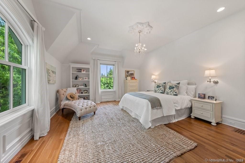 Bedroom, Chandelier, Interior, Recessed Lighting, Wood Texture Flooring