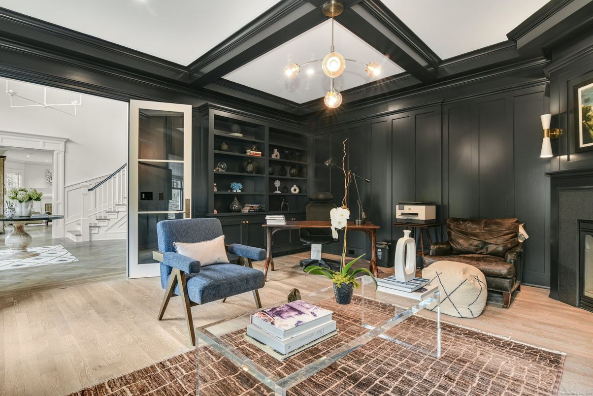 Fireplace, Home Office, Interior, Pendant Lights, Recessed Lighting, Wood Texture Flooring, Wooden Walls