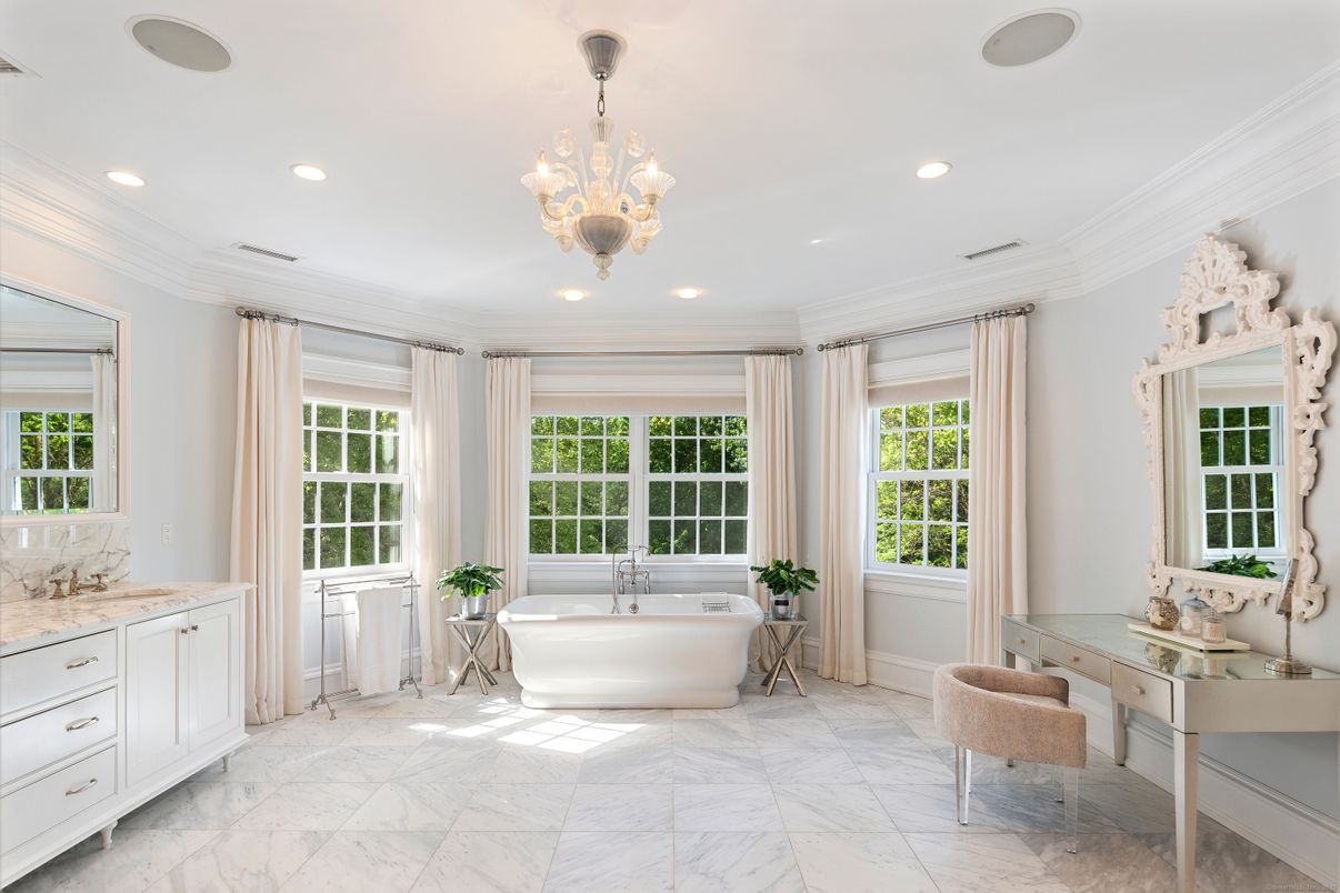 Bathroom, Chandelier, Free Standing Baths, Interior, Marble, Recessed Lighting