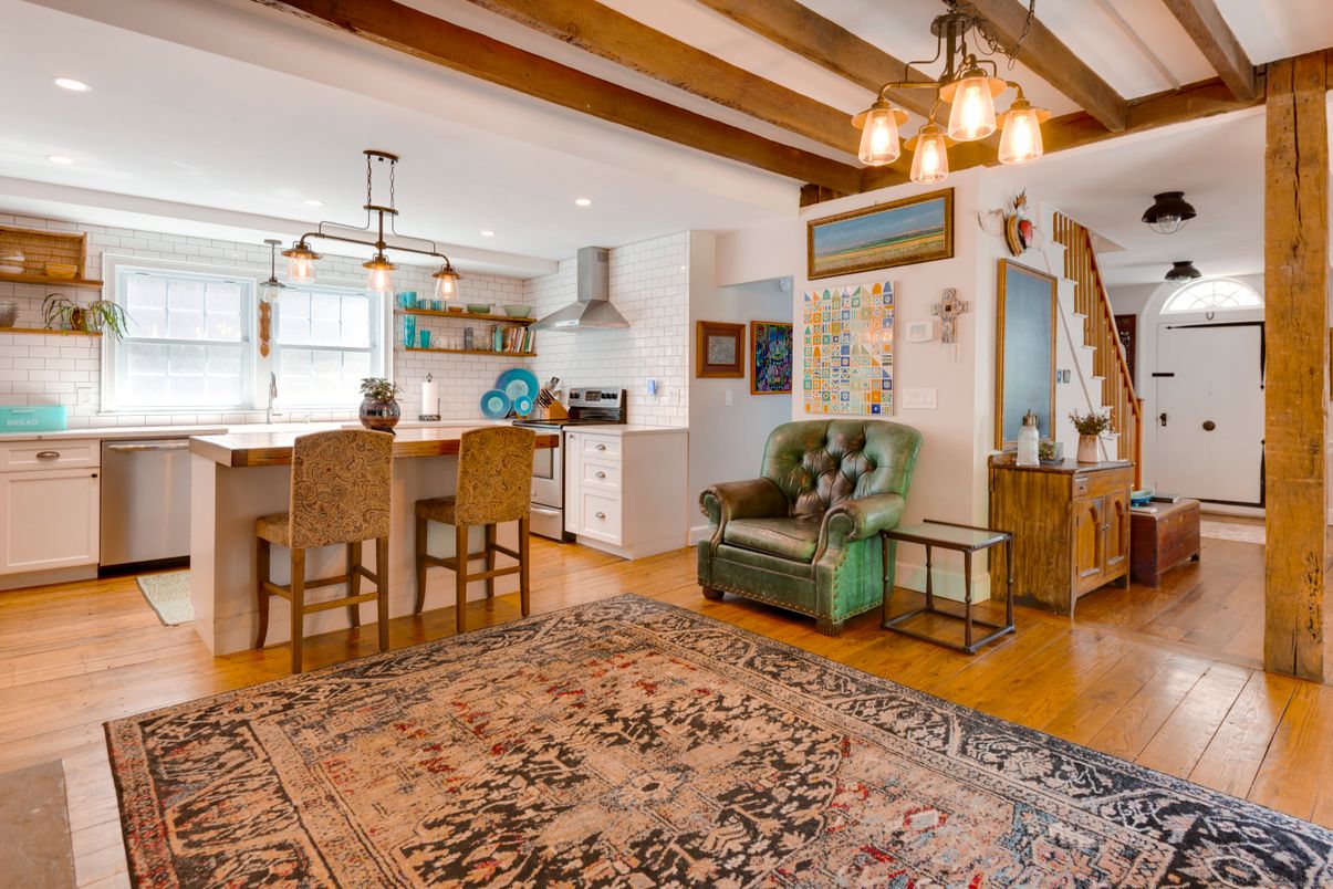 Interior, Kitchen, Pendant Lights, Recessed Lighting, Stainless Steel Appliances, Stone Walls, Wooden Beams, Wood Texture Flooring