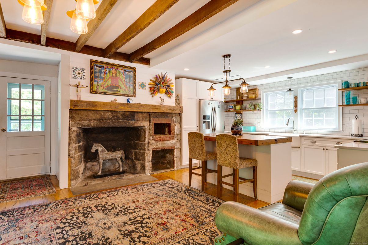 Fireplace, Interior, Kitchen, Pendant Lights, Recessed Lighting, Wooden Beams