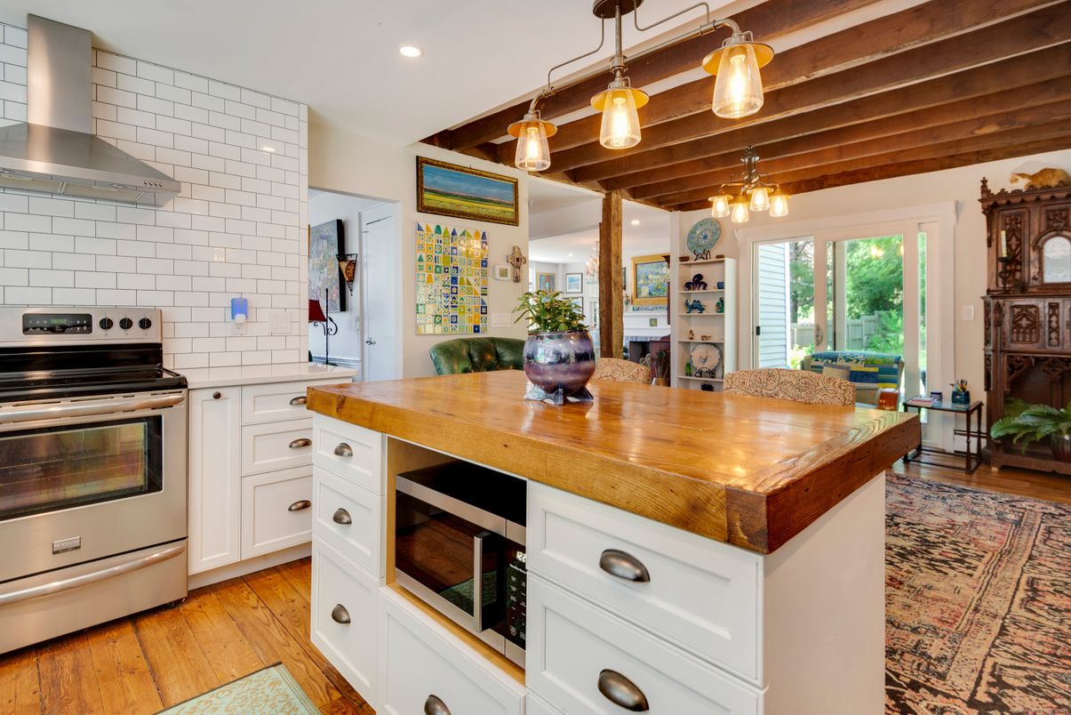 Interior, Kitchen, Pendant Lights, Recessed Lighting, Stainless Steel Appliances, Wooden Beams, Wood Texture Flooring