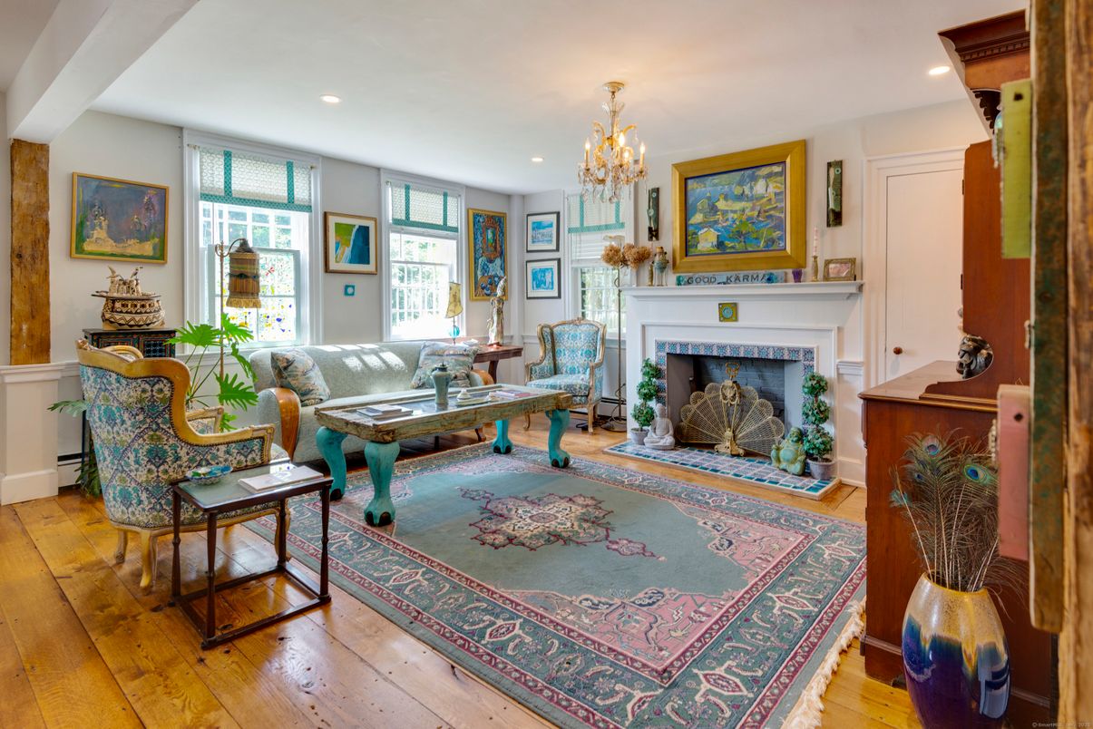 Chandelier, Fireplace, Interior, Living room, Recessed Lighting, Wood Texture Flooring