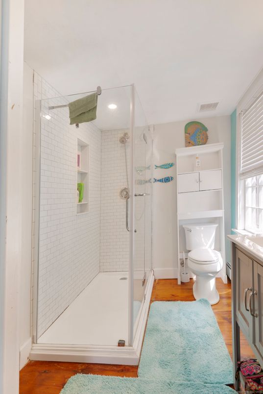 Bathroom, Glass Shower, Interior, Recessed Lighting, Wood Texture Flooring